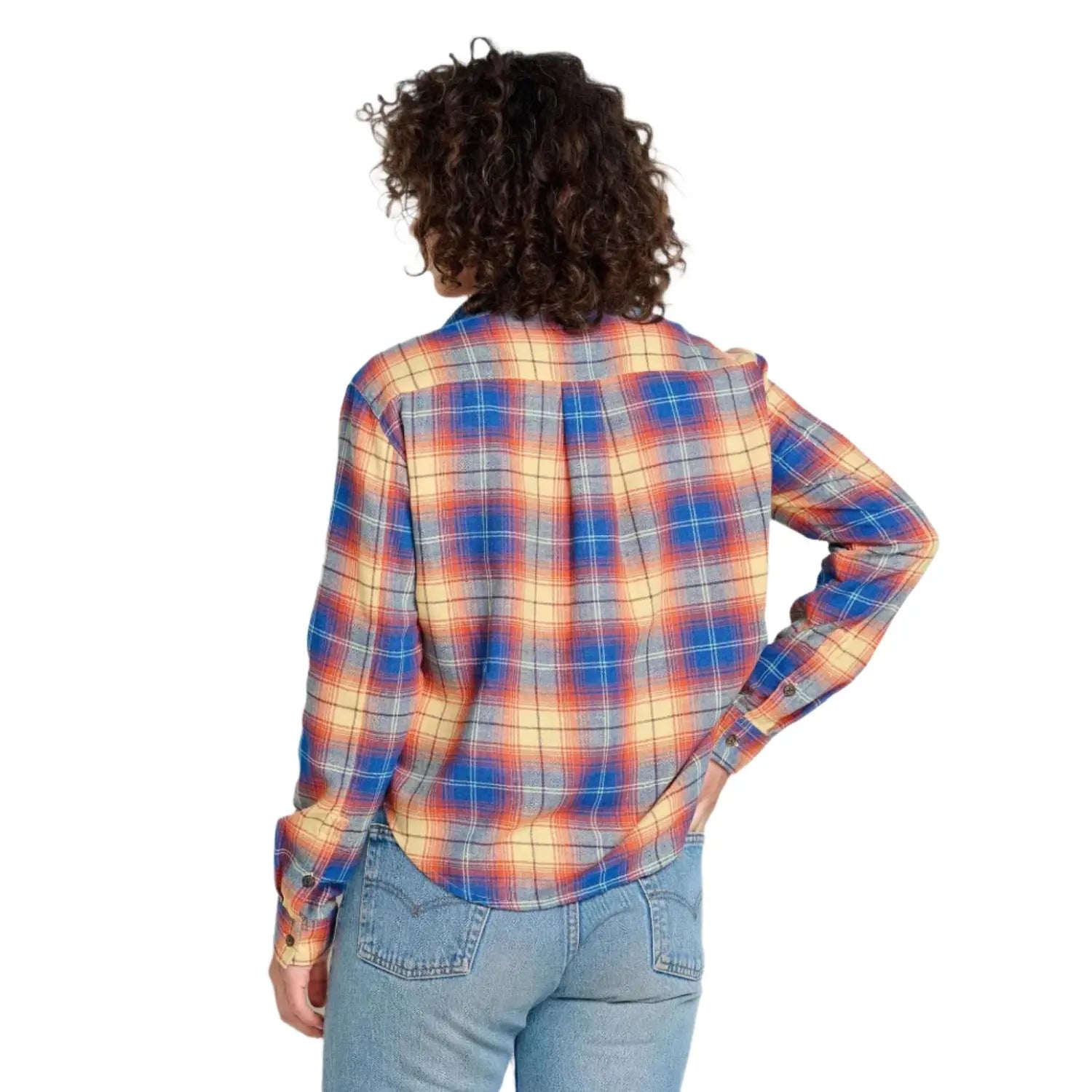 Toad&Co W's Re-Form Flannel Boxy Shirt, Straw Multi Ombre, back view on model 