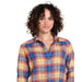 Toad&Co W's Re-Form Flannel Boxy Shirt, Straw Multi Ombre, front view up close on model 