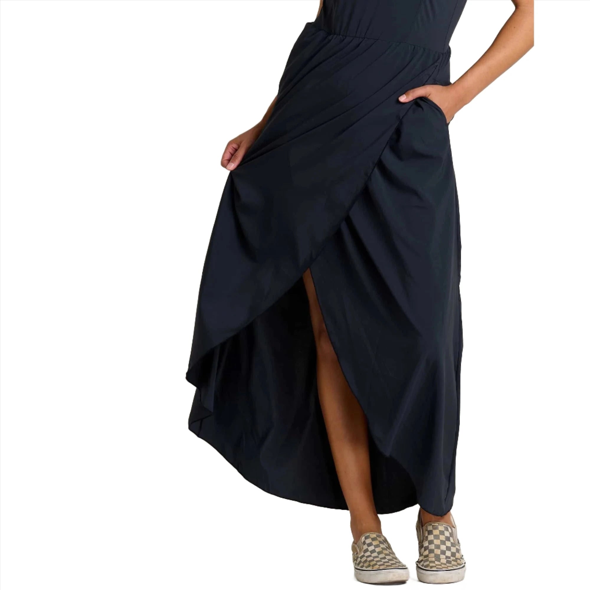 Toad&Co W's Sunkissed Maxi Dress, Black, front view of bottom half on model