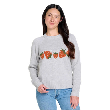 Toad&Co Women's Cazadero Crew Sweater shown in the Heather Grey Strawberry option. Front view.