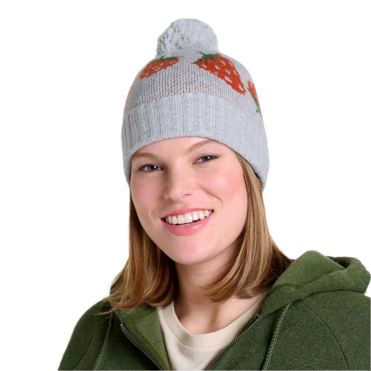 toad and co cazadero pom beanie in heather grey strawberry front model view