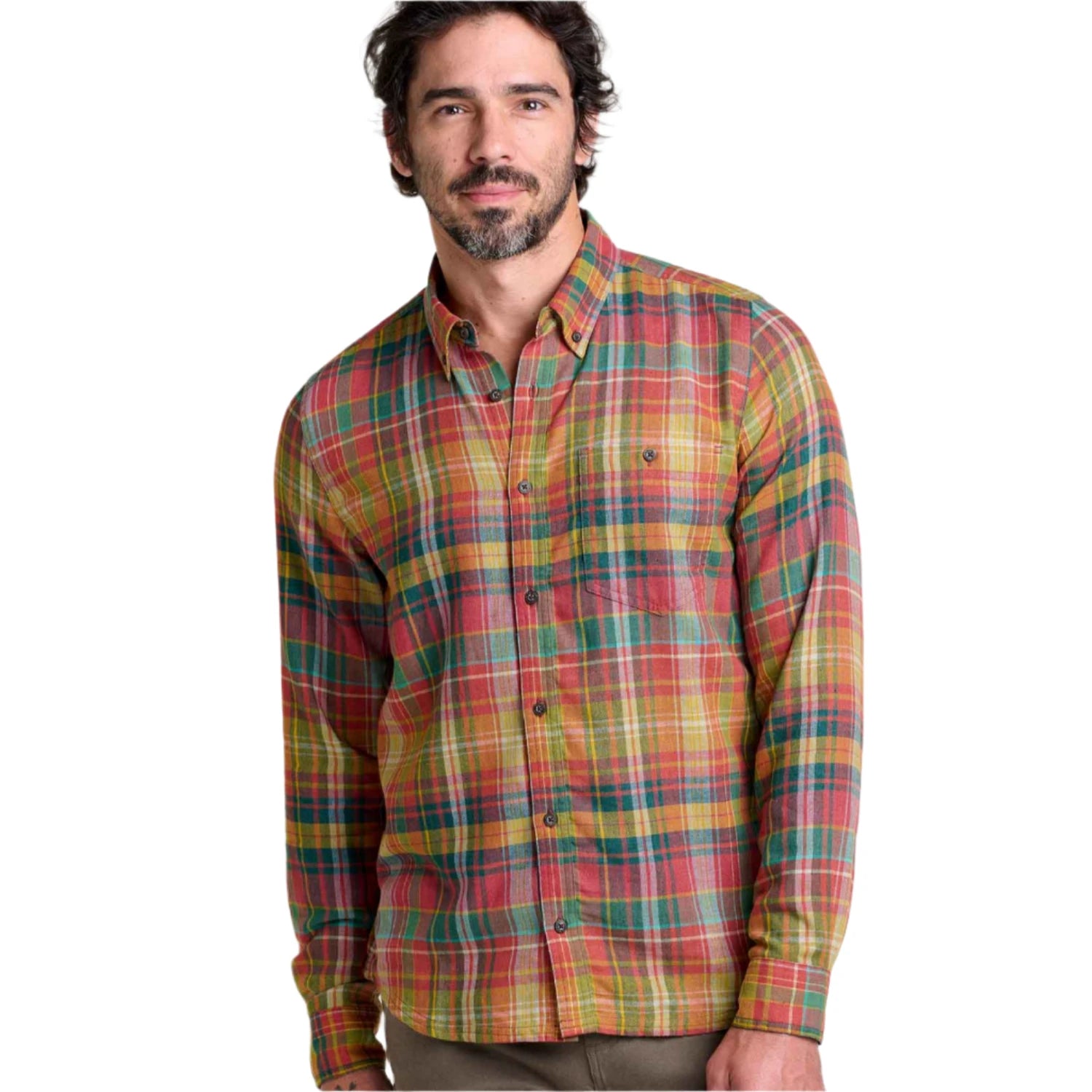 toad and co mens airsmyth long sleeve shirt in sundown madras front model view