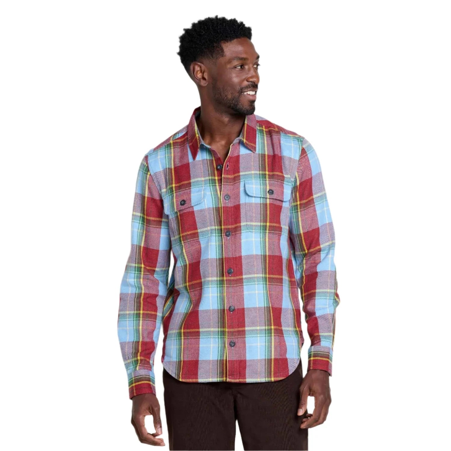 toad and co mens ranchero long sleeve shirt in bluejay front model view