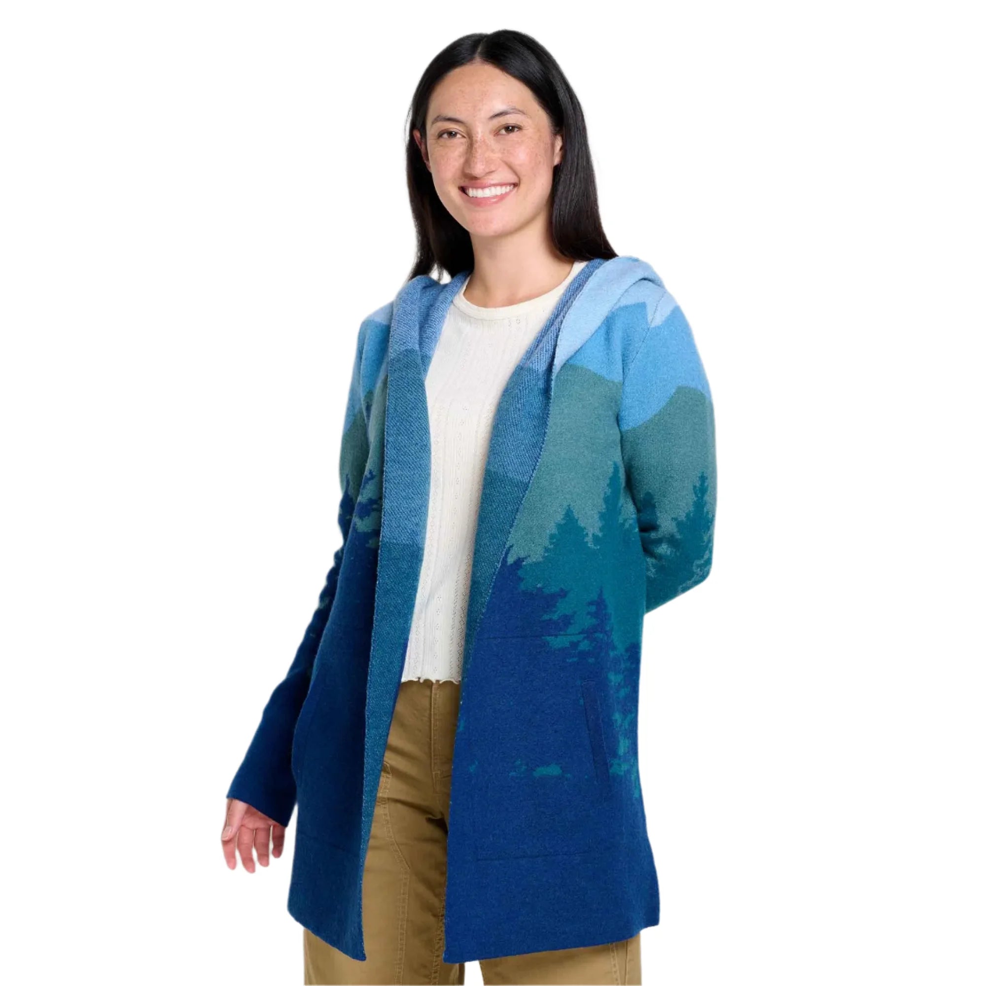 toad and co womens merino hearfelt hoodie in atlantic treeline scenic front model view