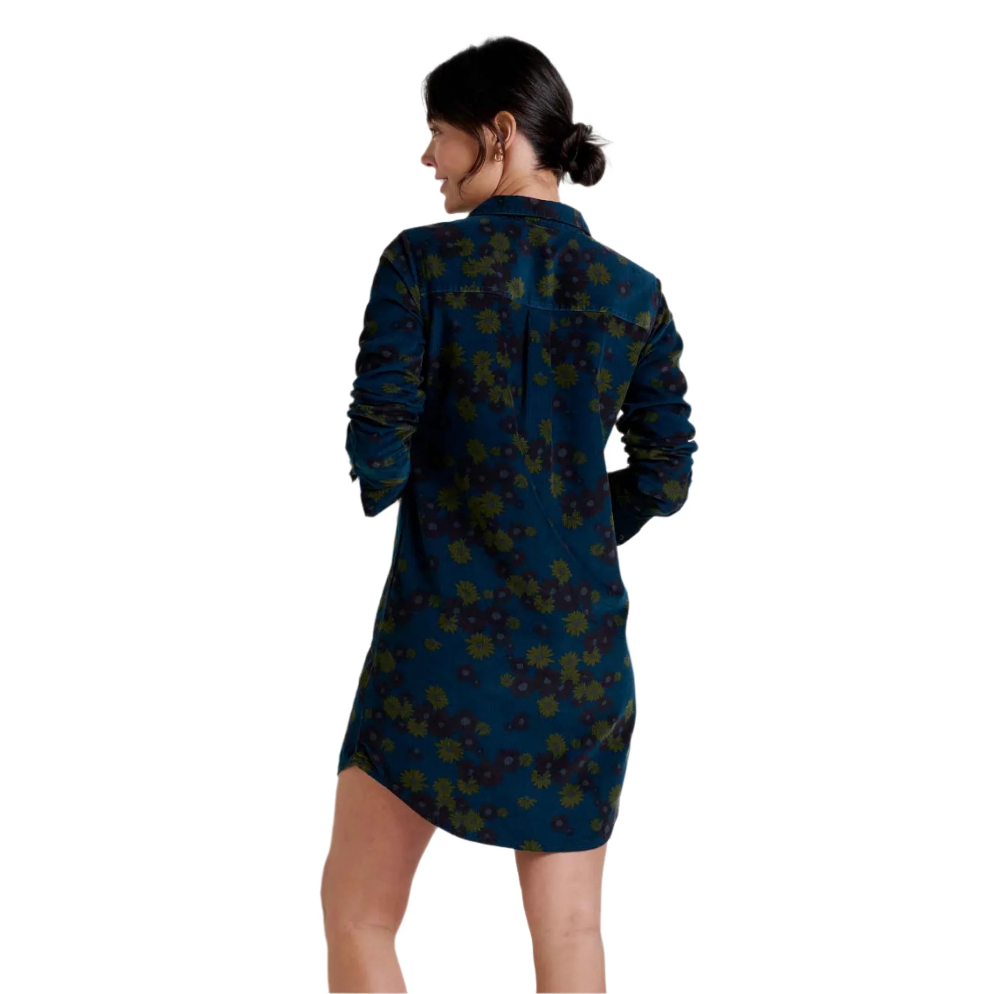 toad and co womens scouter cord shirtdress in midnight floral print back model view