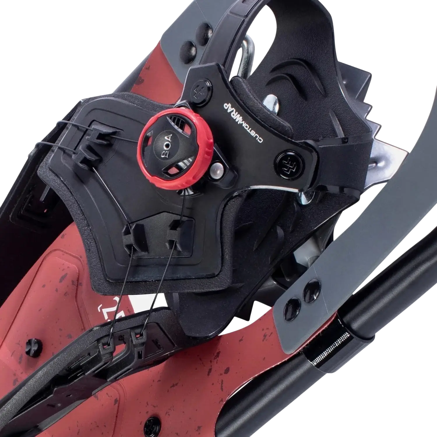 Tubbs Men's Wayfinder Snowshoes in red & black, boa binding detail view