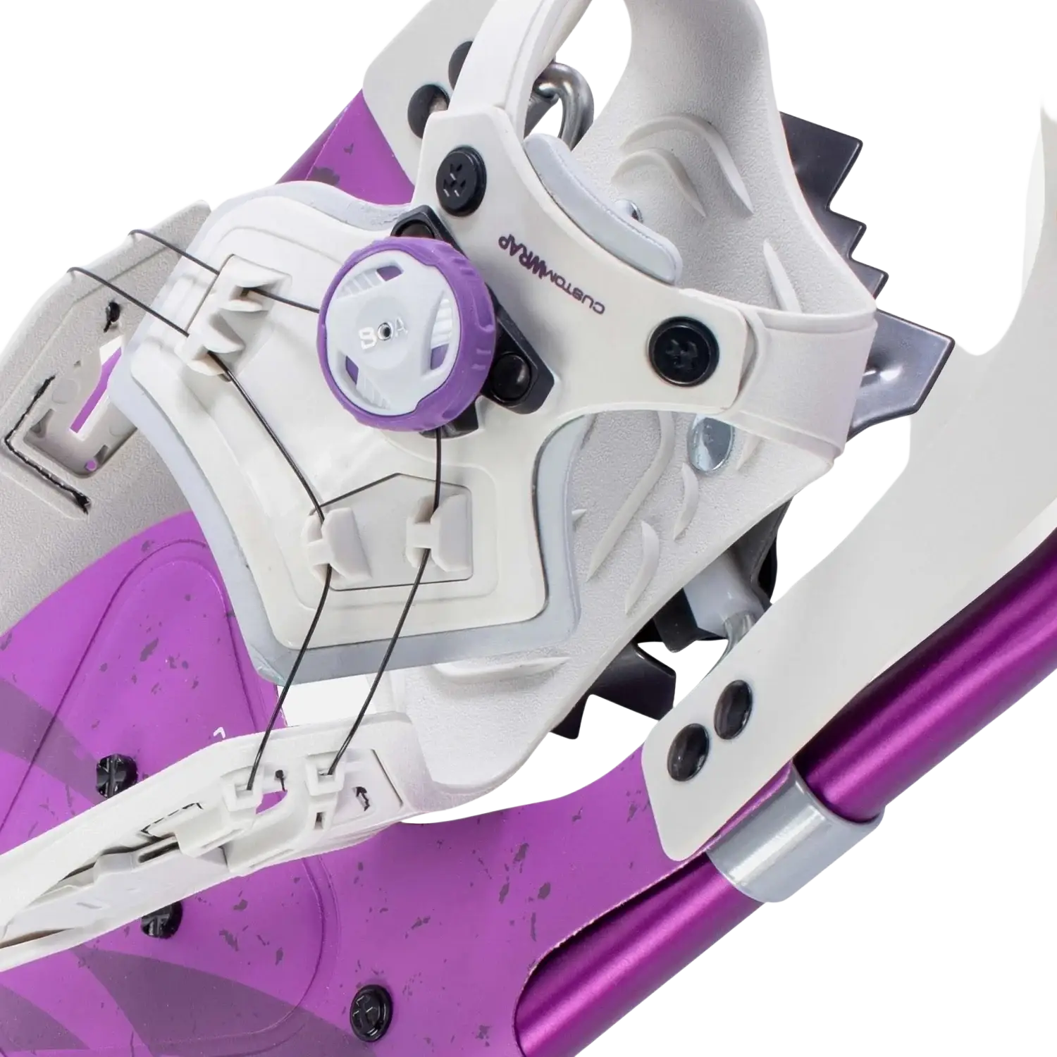 Tubbs Women's Wayfinder Snowshoes in purple, BOA binding detail