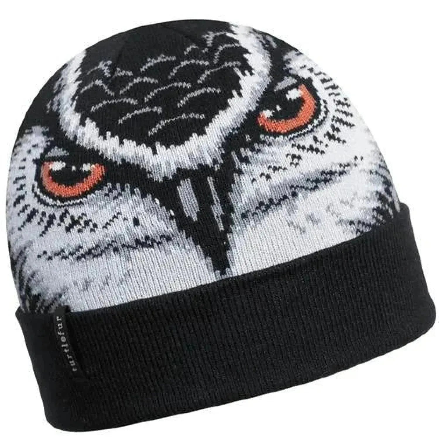 Turtle Fur Kid's Claw Hat shown in the Owl design option. Flat Front view.