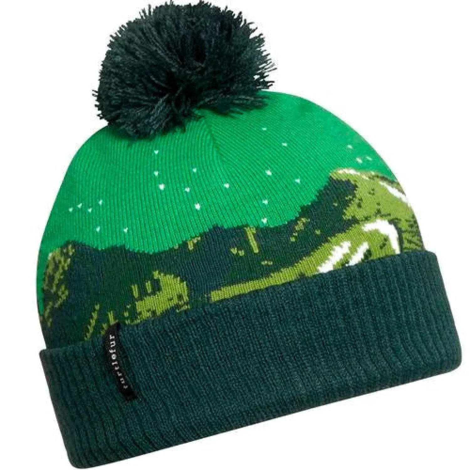 Turtle Fur Kid's Pano Beanie shown in the Green color. Front flat view.