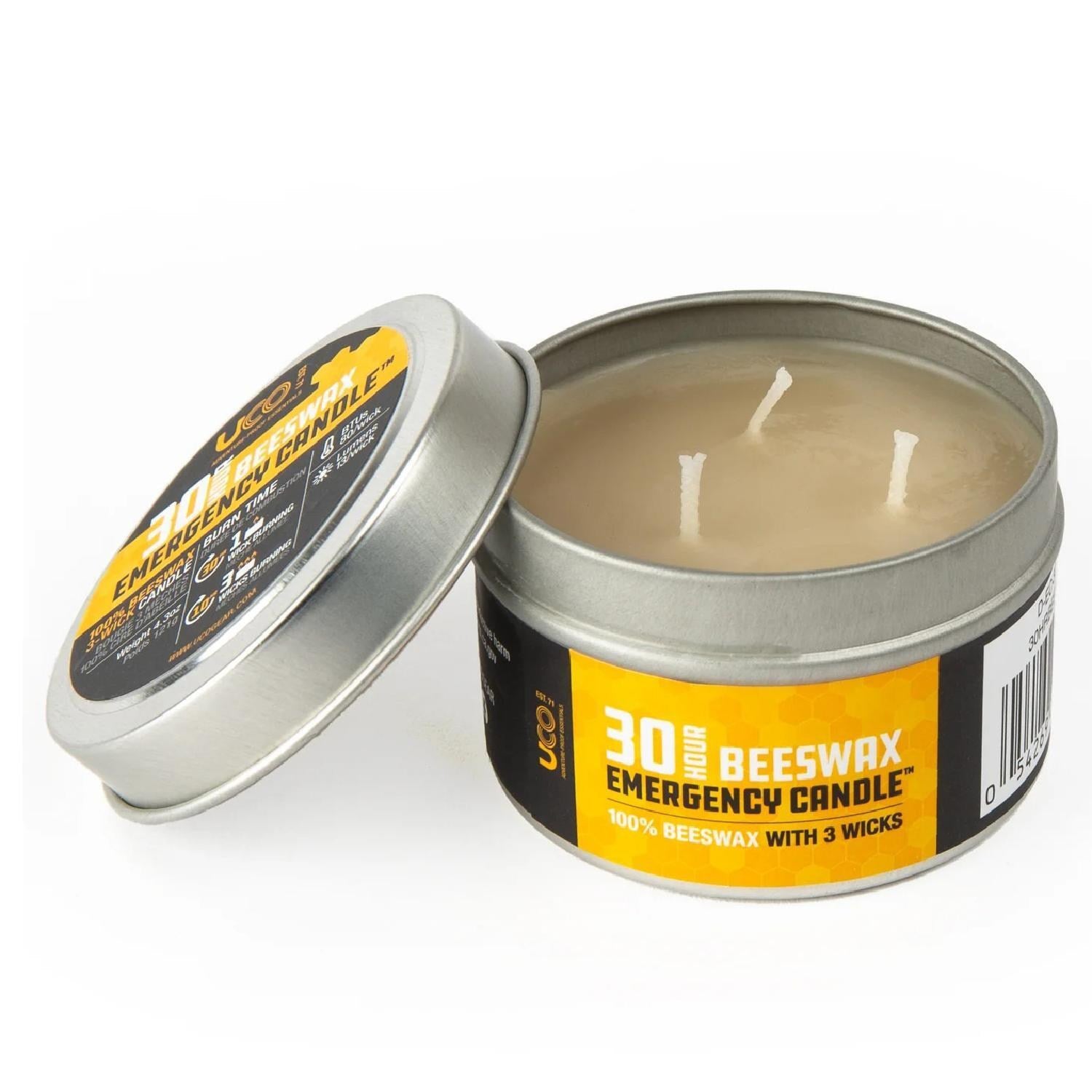 UCO 30 Hour Beeswax Emergency Candle, front view lid off