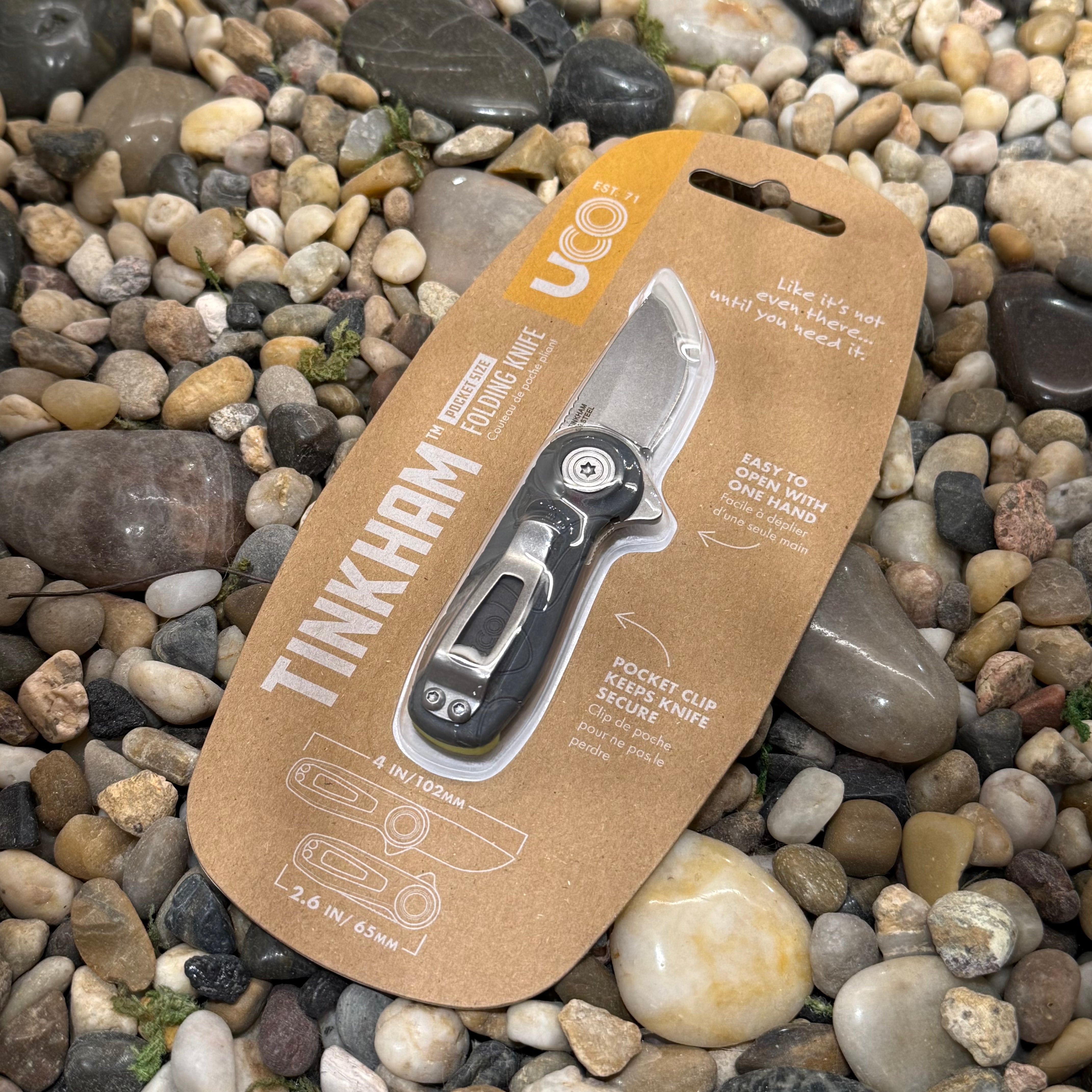 UCO Tinkham Pocket Size Folding Knife in Coal shown in package