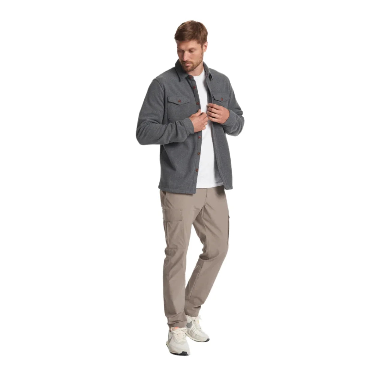 vuori mens aspen shirt jacket in heather grey full front model view