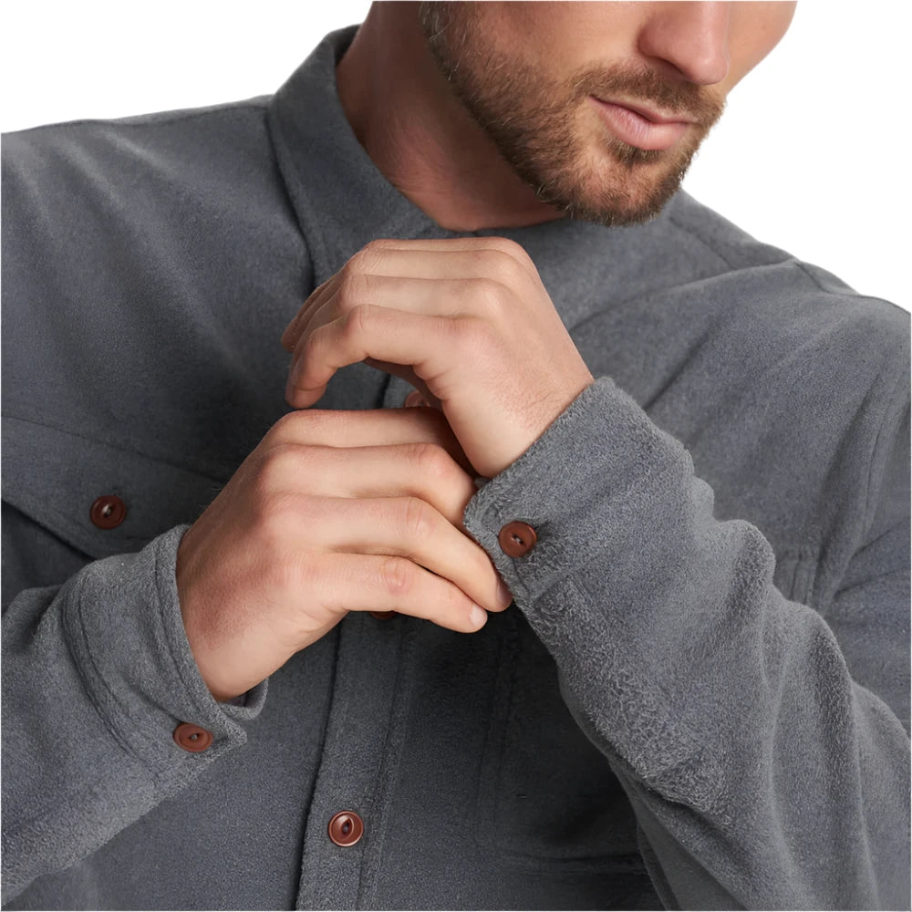 vuori mens aspen shirt jacket In heather grey front sleeve detail view