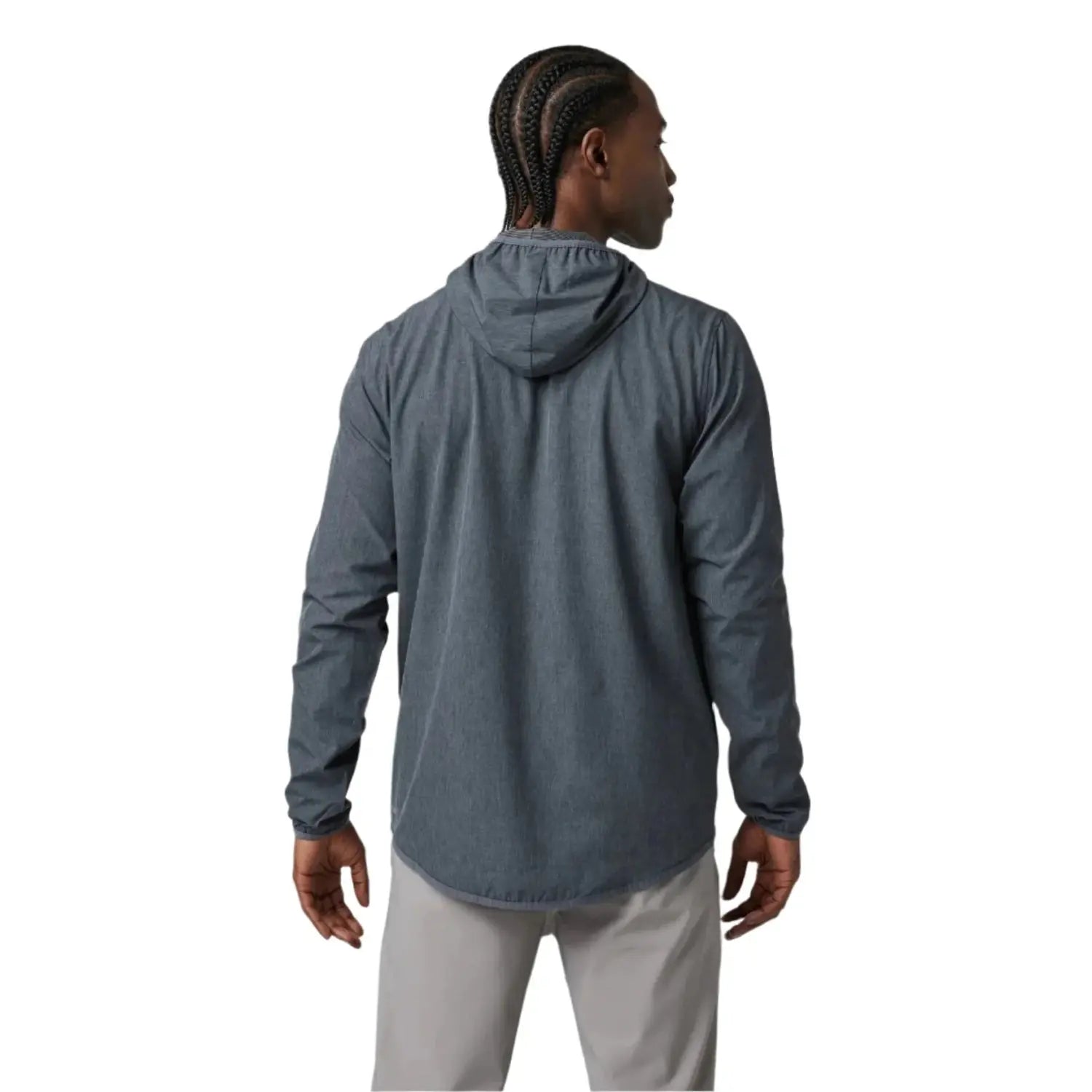 Vuori Men's Outdoor Trainer Shell shown in the Dark Pewter Linen Texture color option. Back view on model.