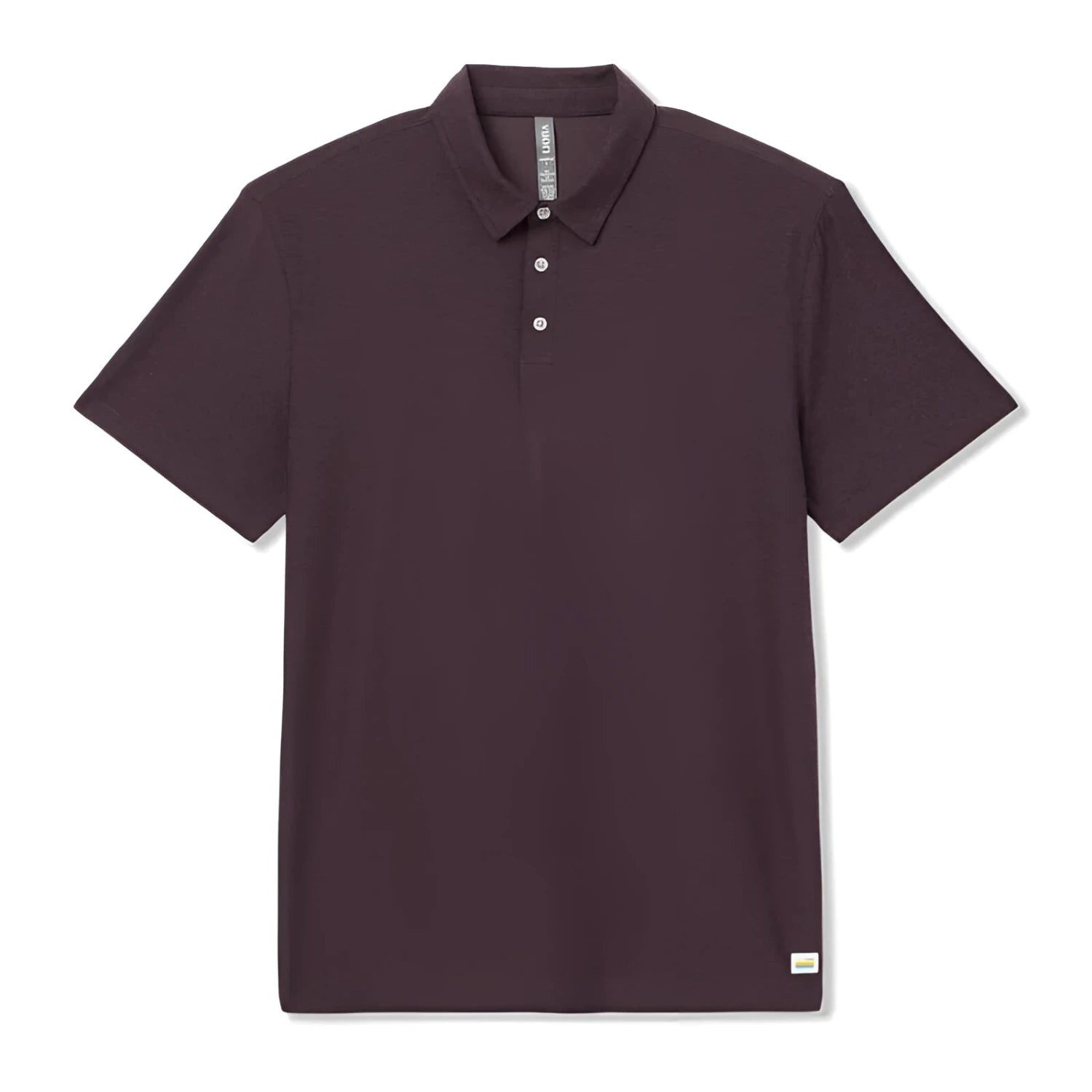 Vuori Men's Strato Tech Polo in raisin heather, flat front 