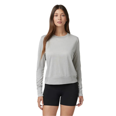 Vuori Women's Daydream Crew in light heather grey, on model front