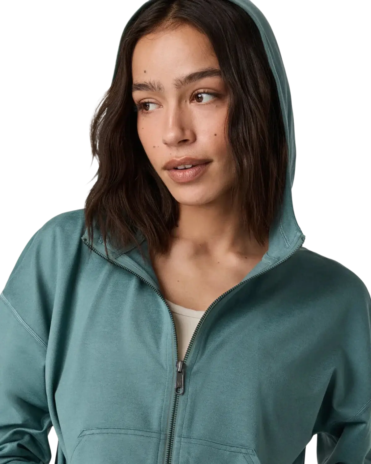 Vuori Women's Halo Modern Full Zip Hoodie, close up view