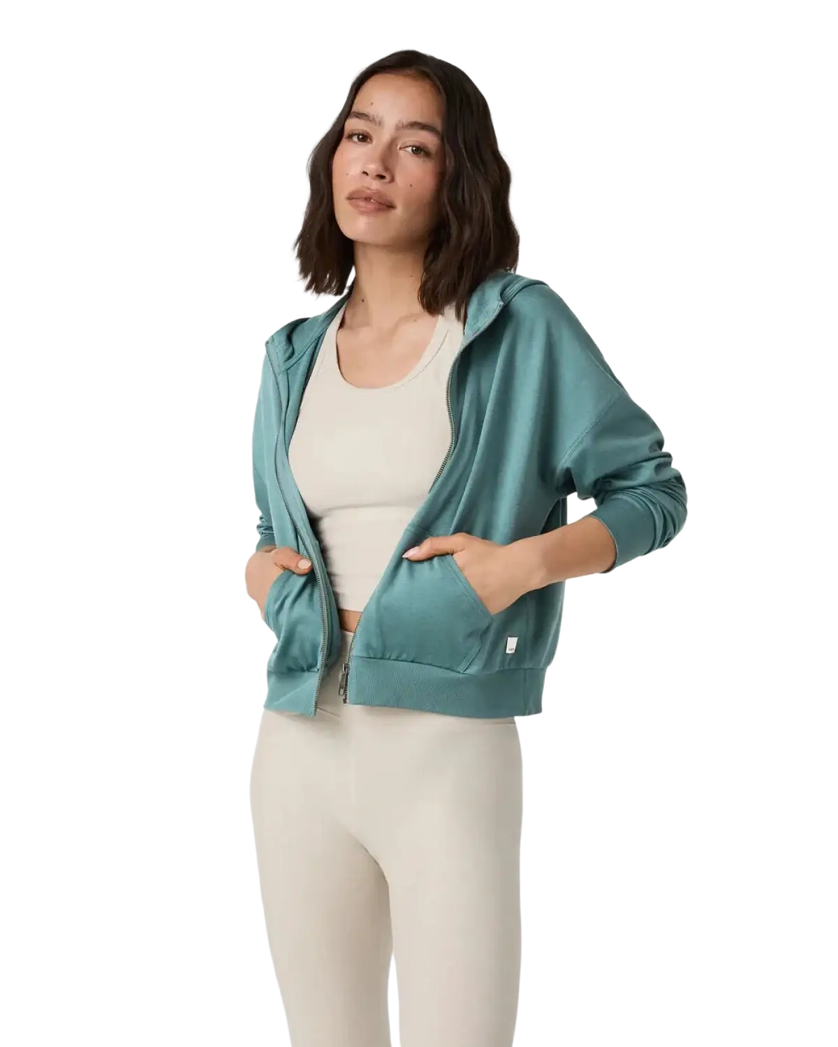 Vuori Women's Halo Modern Full Zip Hoodie, detail view