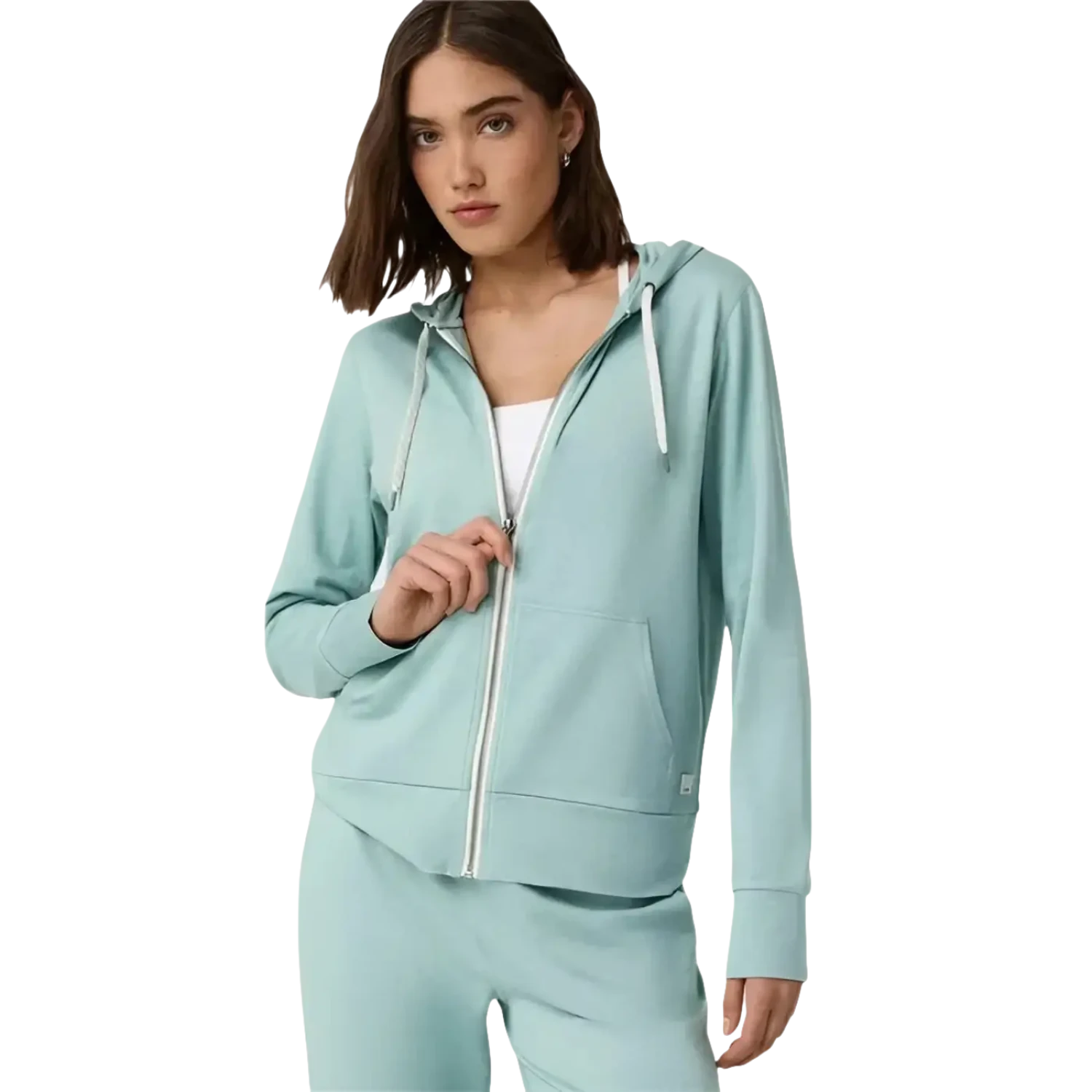 Vuori Women's Halo Performance Hoodie 2.0 in sea glass heather, model front