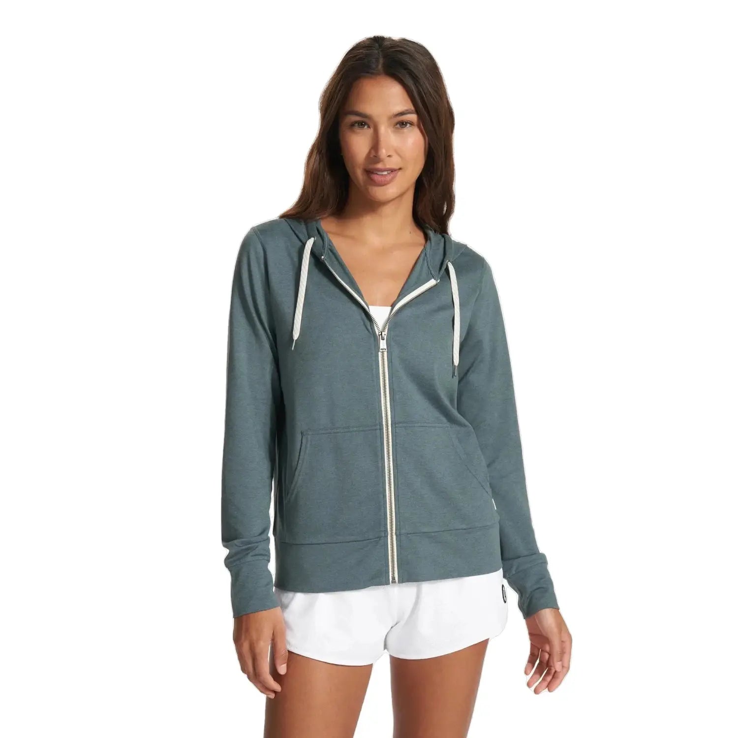 Vuori Women's Halo Performance Hoodie 2.0 shown in Lake Heather on model. Front view.