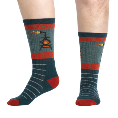 Wide Open Men's Stoked Cushioned Crew Socks in juniper, on model