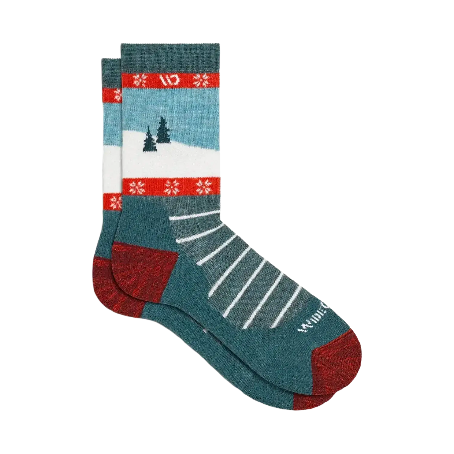 Teal sock with winter scene design on a white background