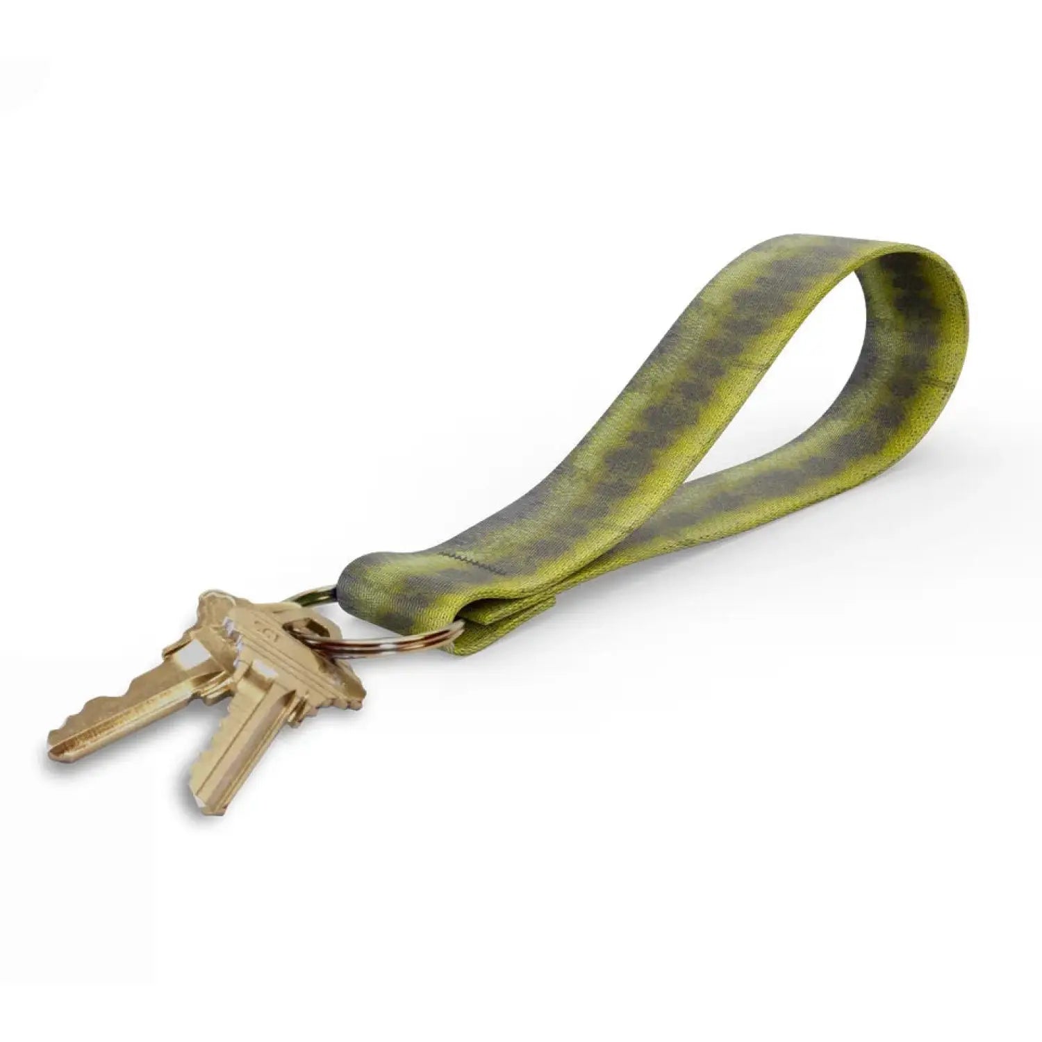 Wingo Key Fob in Largemouth Bass design. Brown and yellow shades shown with metal ring and keys.