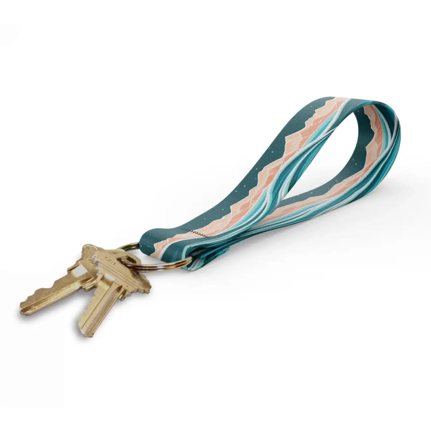 Wingo Key Fob in Rolling Seas design. Blue cream and coral colors shown with metal ring and keys.