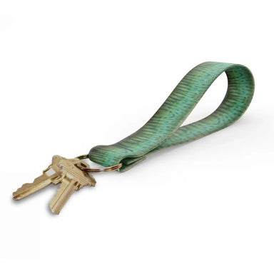 Wingo Key Fob in Musky design. Brown and shades of green colors shown with metal ring and keys.