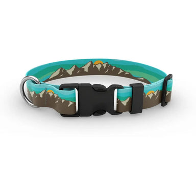 Wingo Outdoors Dog Collar in Grand Teton design, brown mountain scape with blue and green sky.  With black buckle and silver D ring.