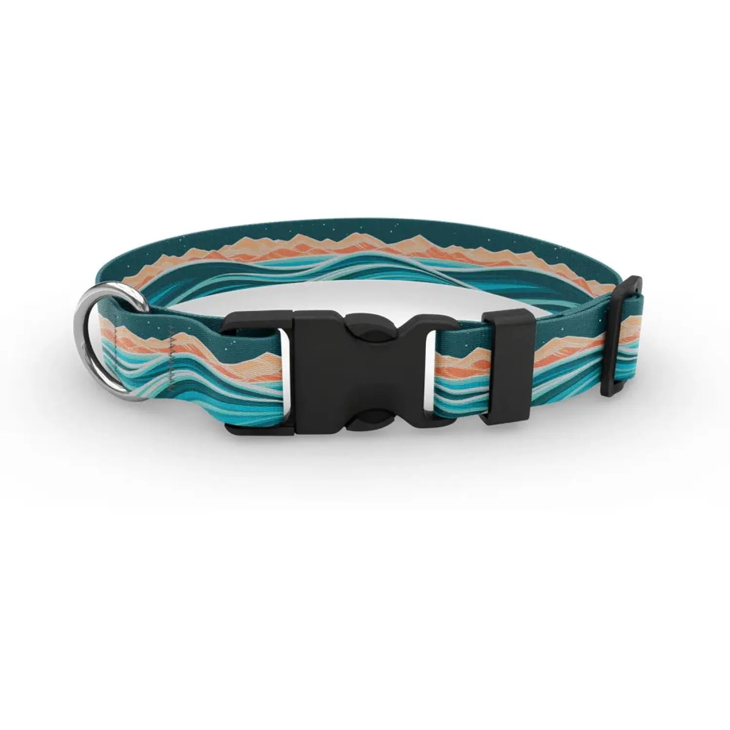 Wingo Outdoors Dog Collar in Rolling Seas design, teal cream and coral sea scape.  With black buckle and silver D ring.