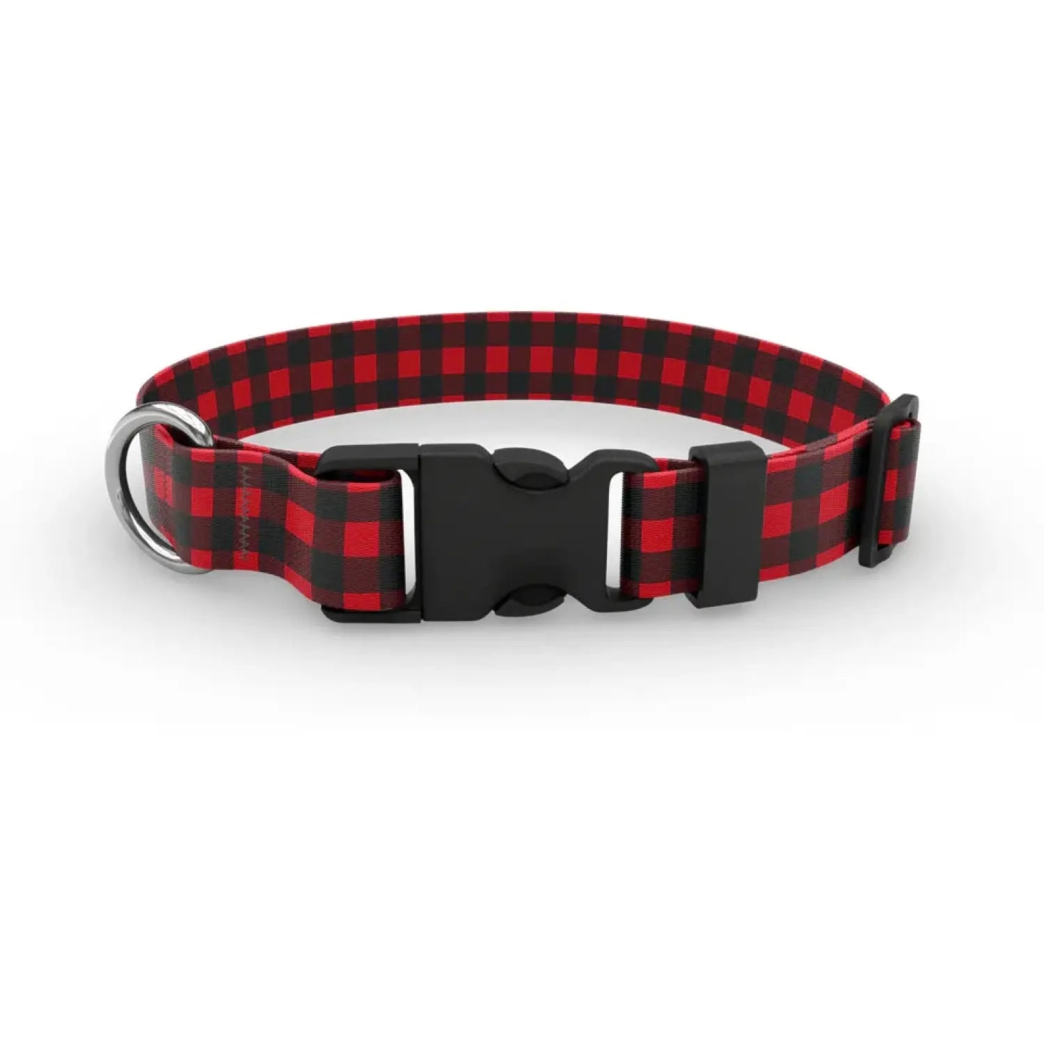 Wingo Outdoors Dog Collar in Buffalo Check design, black and red check plaid.  With black buckle and silver D ring.
