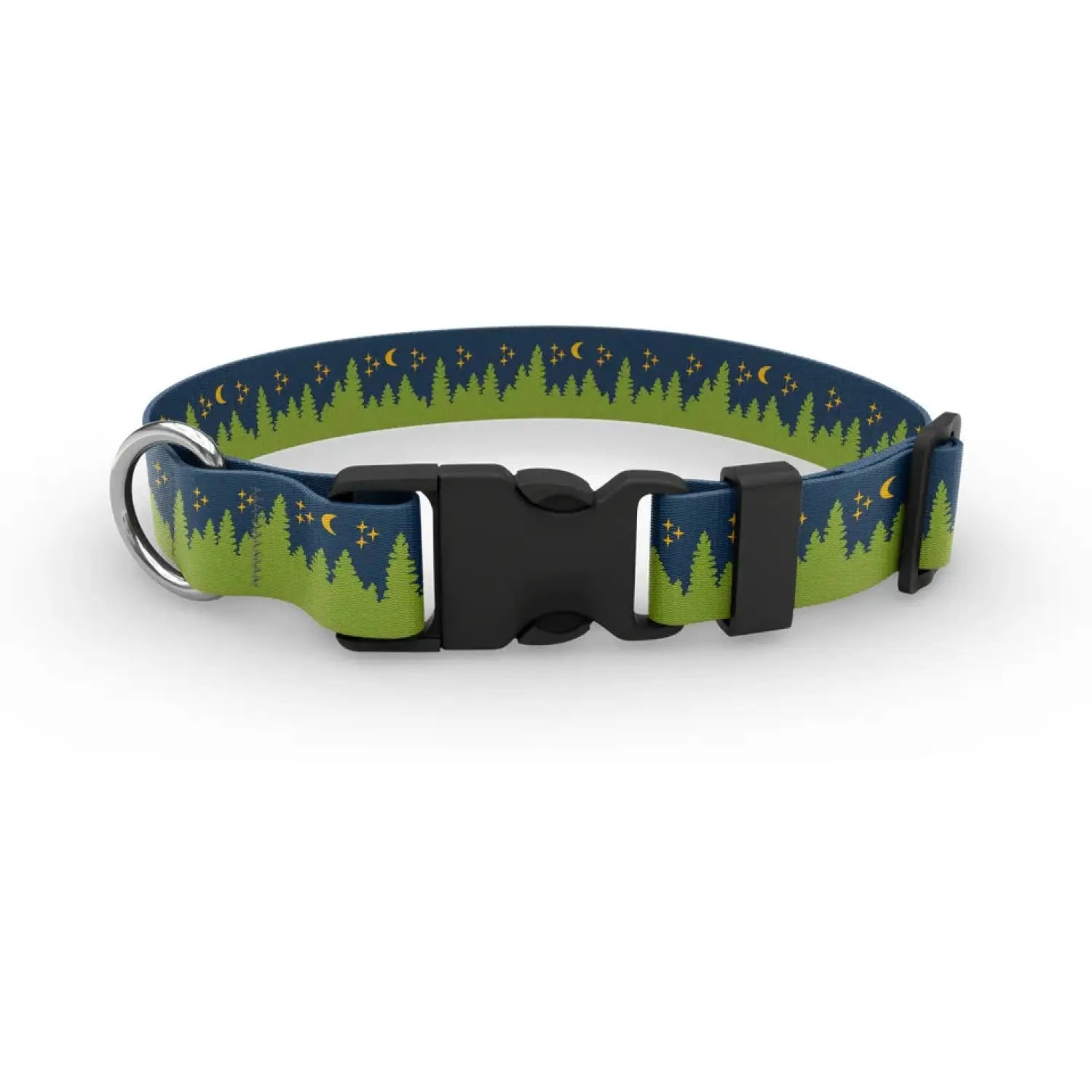 Wingo Outdoors Dog Collar in Under the Stars design, with green trees and dark blue sky with yellow stars.  Black buckle and silver D ring.