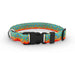 Wingo Outdoors Dog Collar in DeYoung Brook Trout design. Bright oranges , yellow, and aquas.  With black buckle and silver D ring.