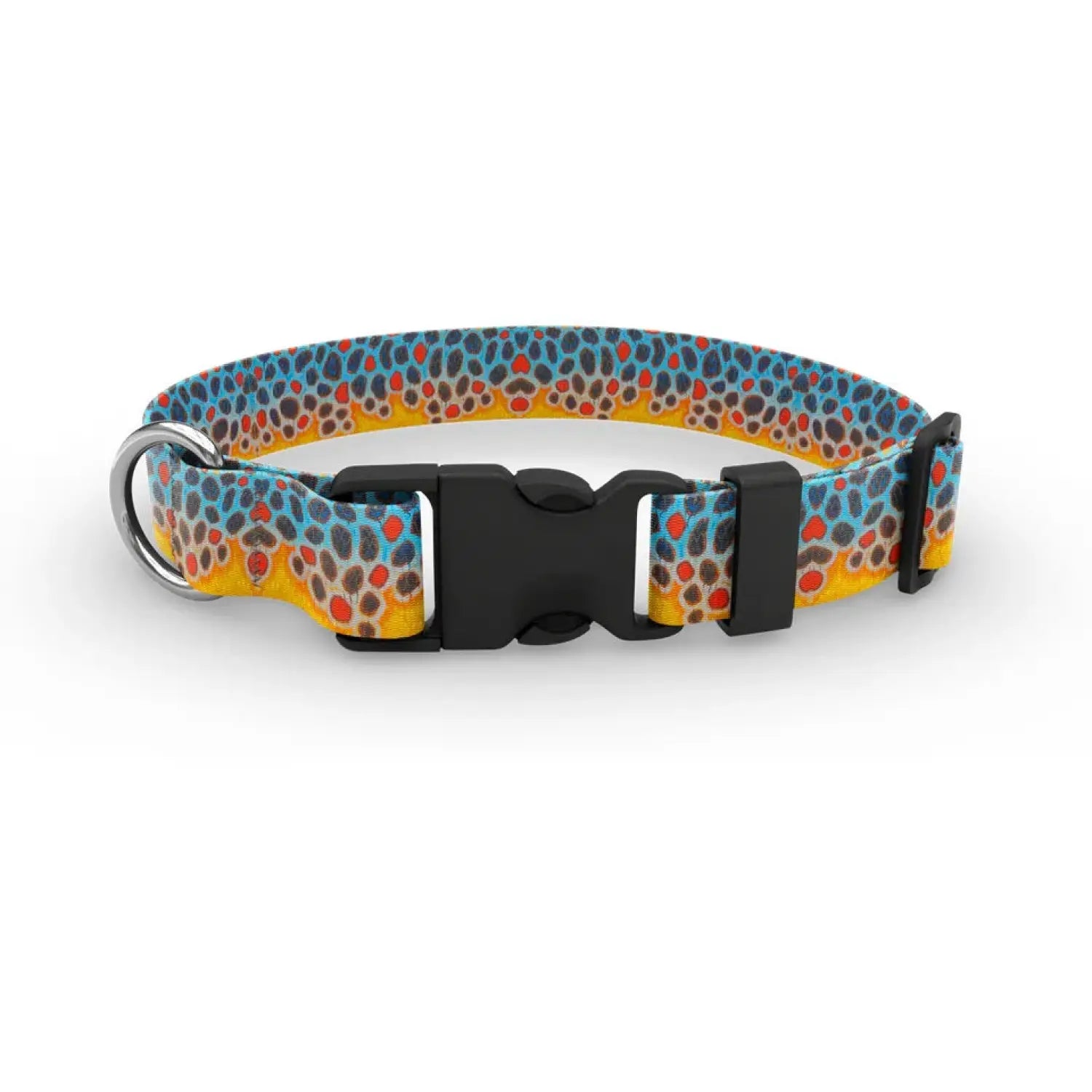Wingo Outdoors Dog Collar in DeYoung Brook Trout design. Bright red, yellow, and blues. With black buckle and silver D ring.