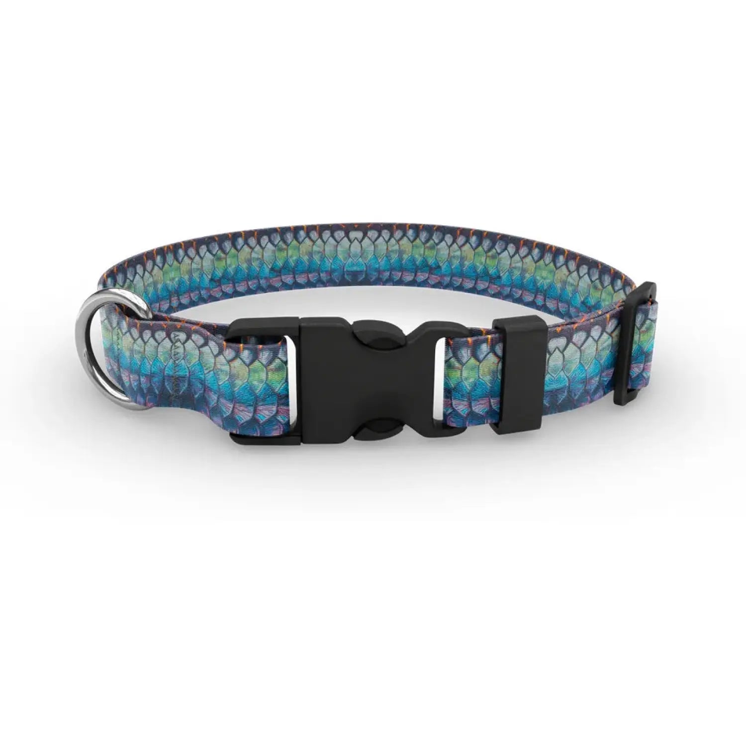 Wingo Outdoors Dog Collar in DeYoung Tarpon design. Pastel purples, blues, and aquas. With black buckle and silver D ring.
