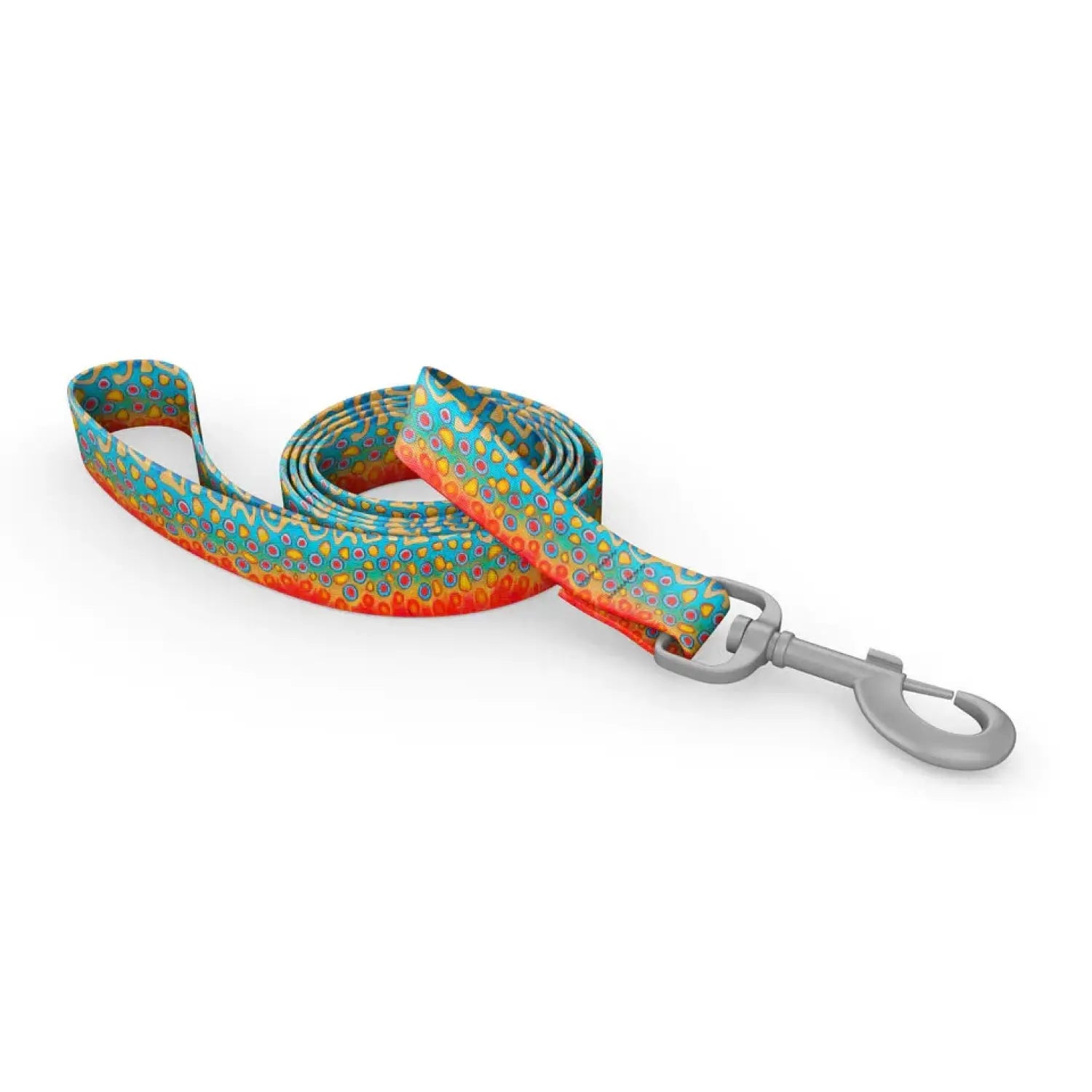 Wingo Outdoors Dog Leash in DeYoung Brook Trout design. Bright oranges , yellow, and aquas