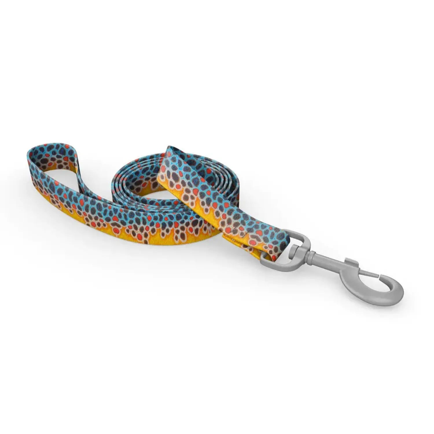 Wingo Outdoors Dog Leash in DeYoung Brook Trout design. Bright red, yellow, and blues.