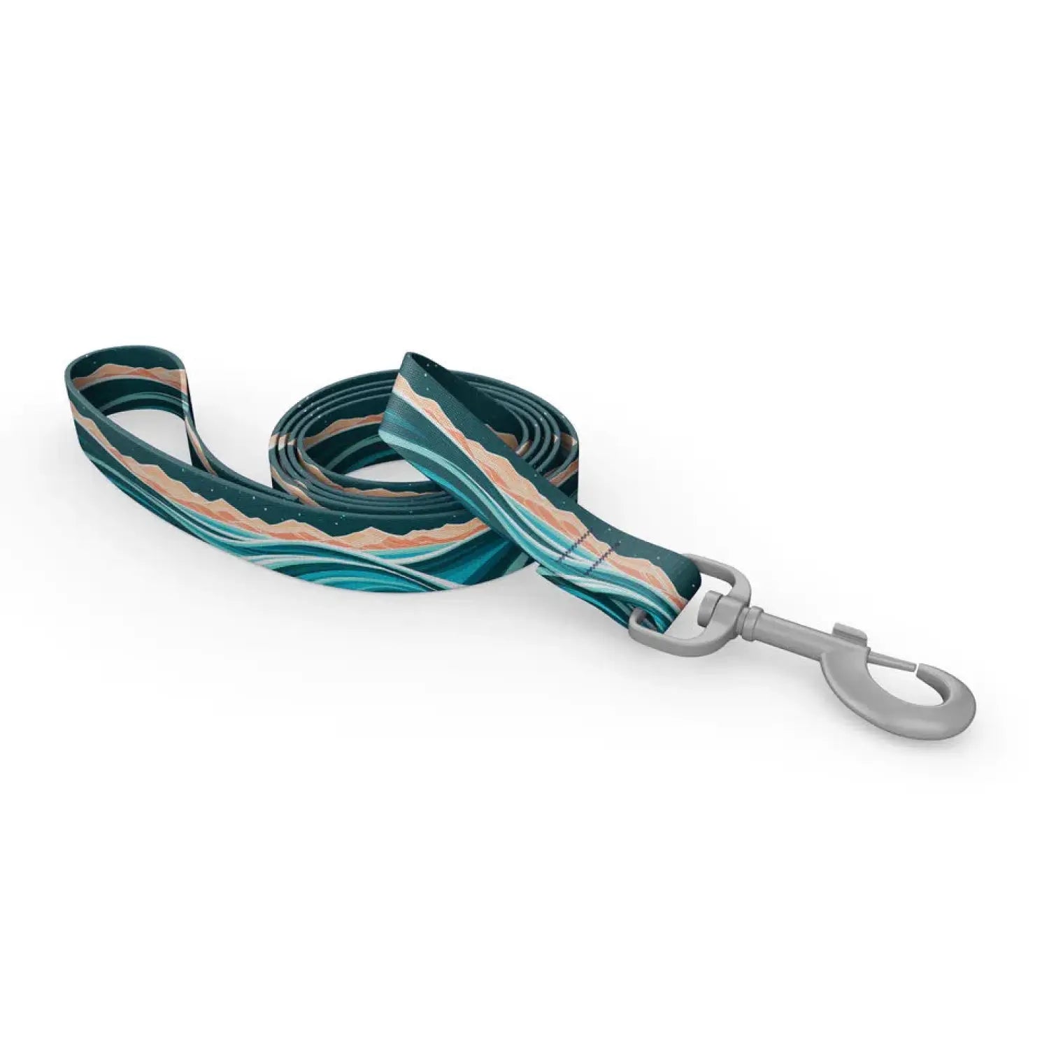 Wingo Outdoors Dog Leash in Rolling Seas design, teal cream and coral sea scape.