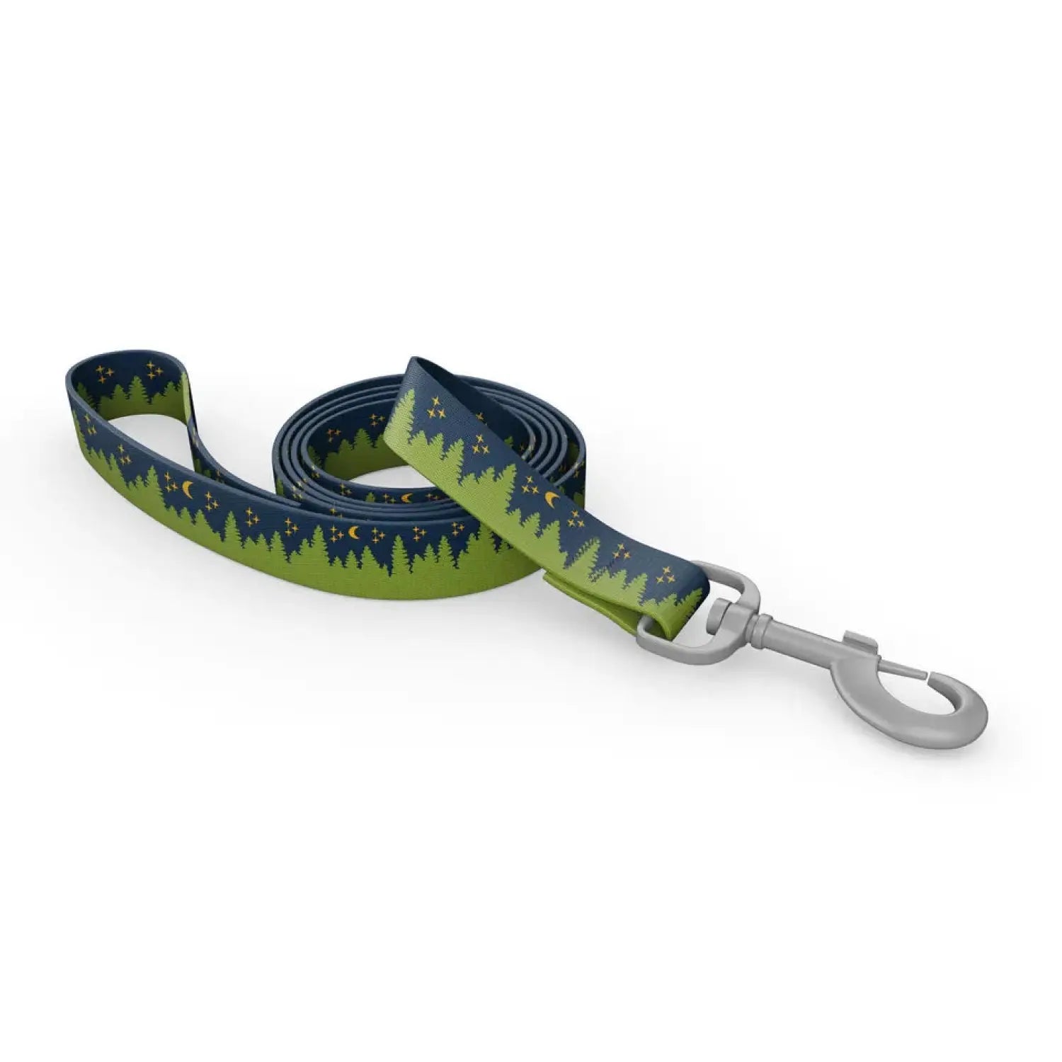 Wingo Outdoors Dog Leash in Under the Stars design, with green trees and dark blue sky with yellow stars.