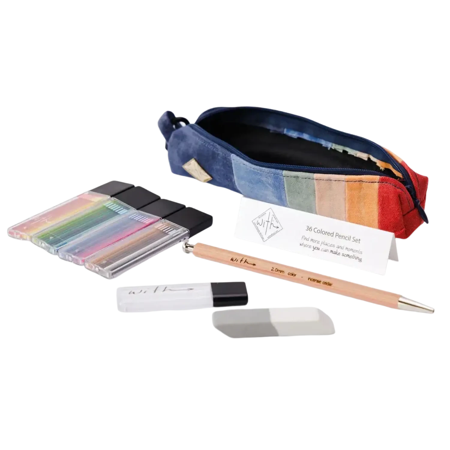With 36 Colored Pencil Set side angled view, all items included