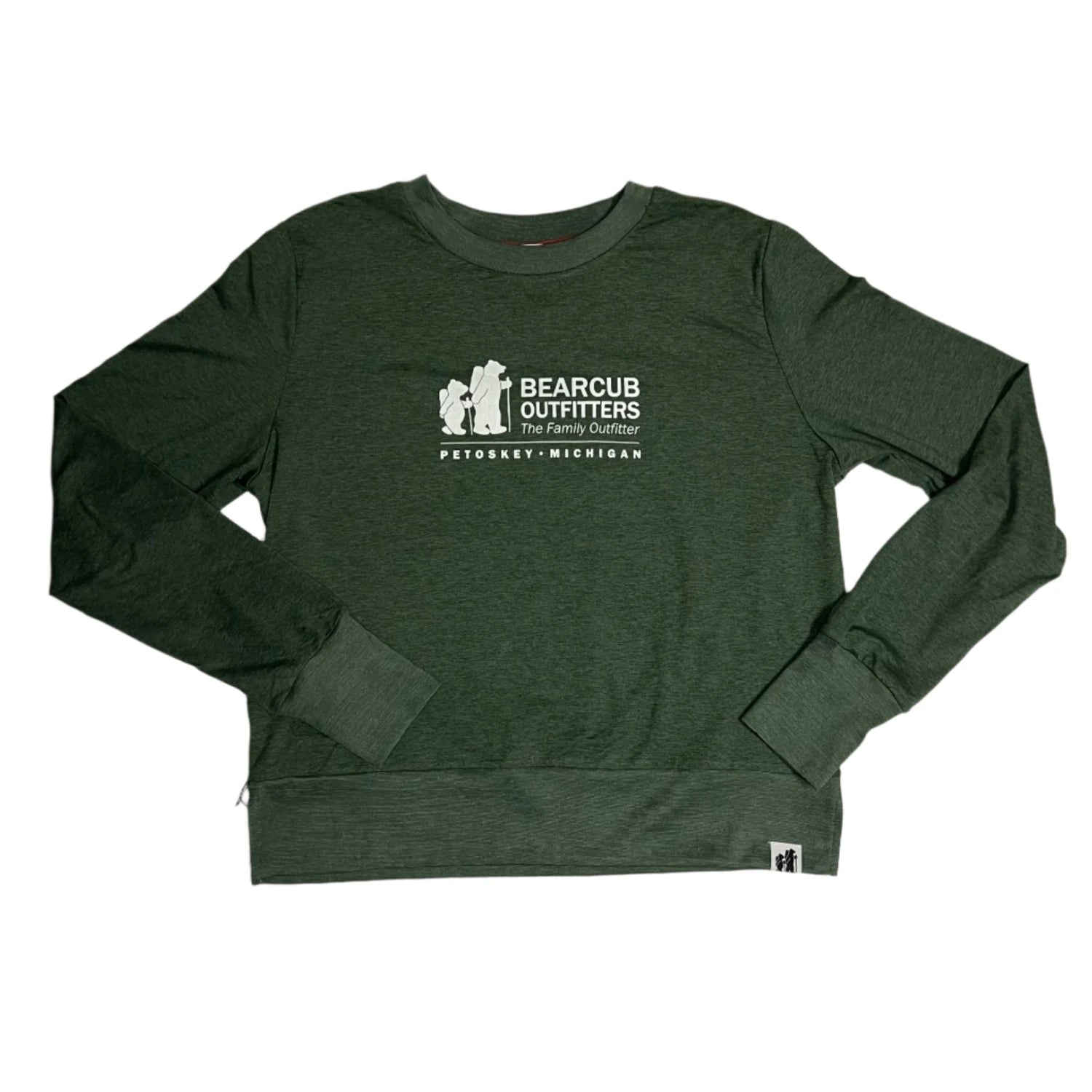 bearcub outfitters womens performance tech crewneck sweatshirt in black forest front flat view