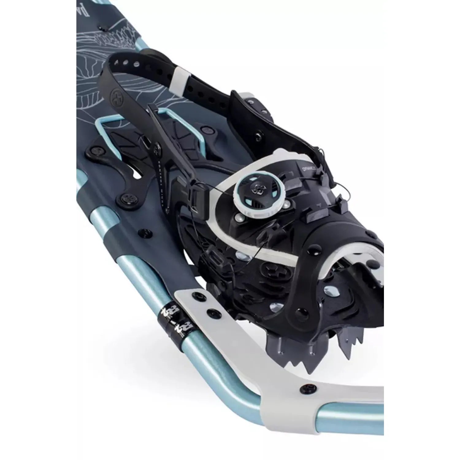 Tubbs Women's Panoramic 25" Snowshoe in Ice Blue and Grey, detailed view of straps and boa system.