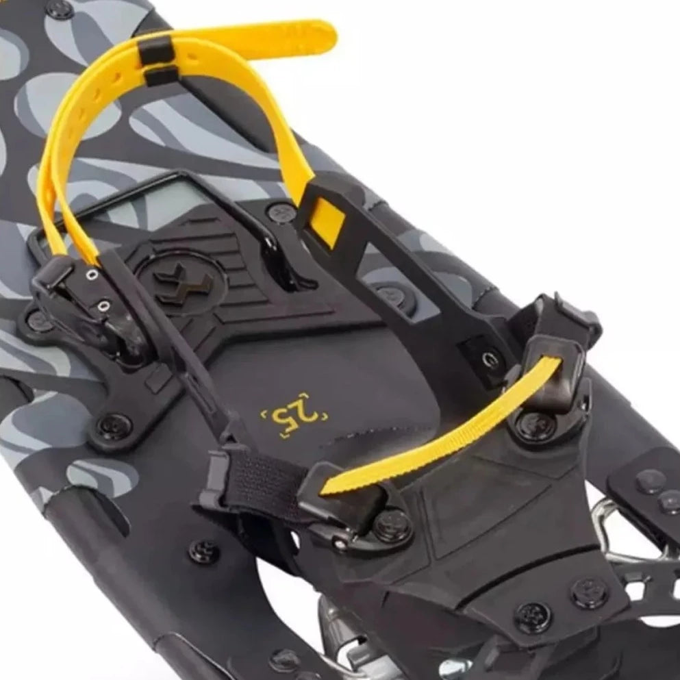 Tubbs Men's Wilderness Snowshoe in Black, detail view of Quick Fit Binding System.