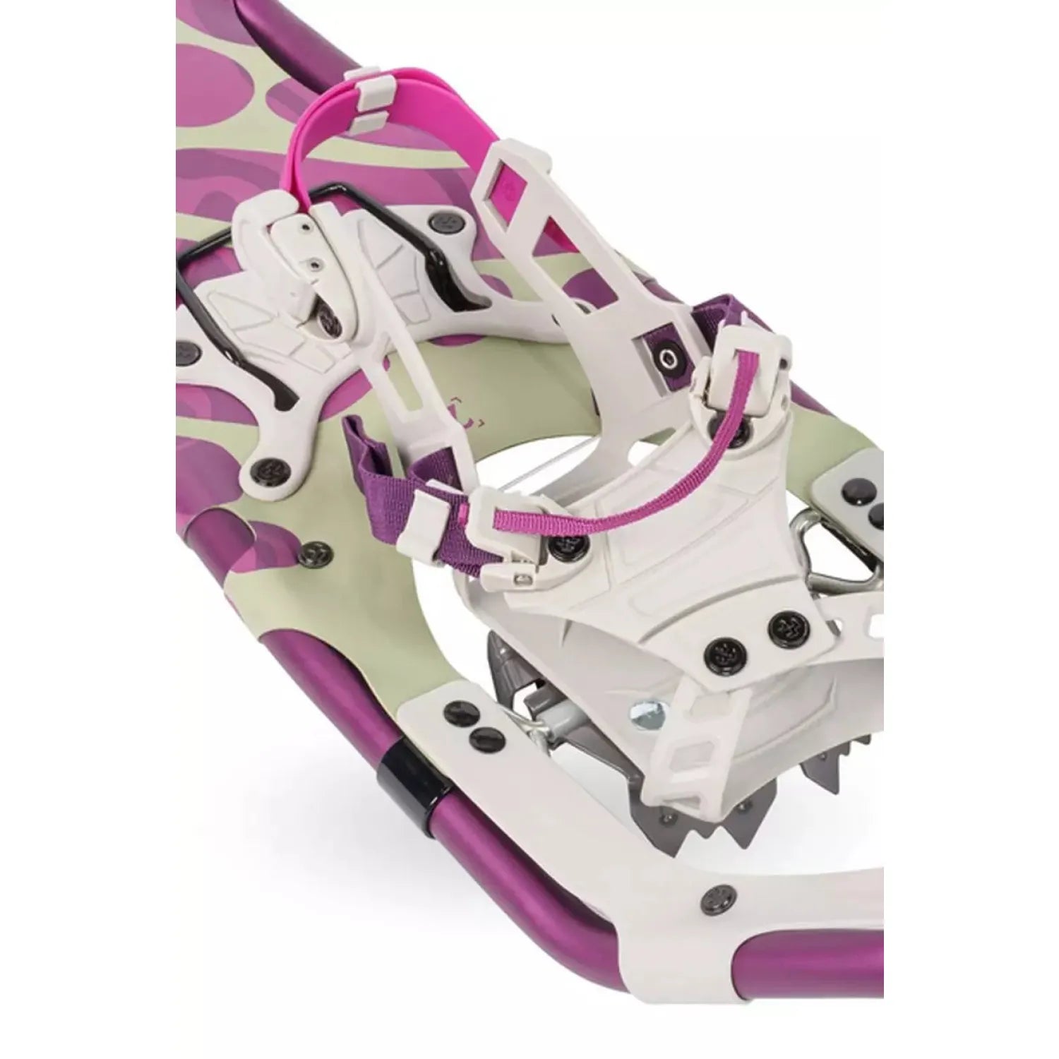 Tubbs Women's Wilderness 21" Snowshoe in Purple, detailed view of straps and buckle.