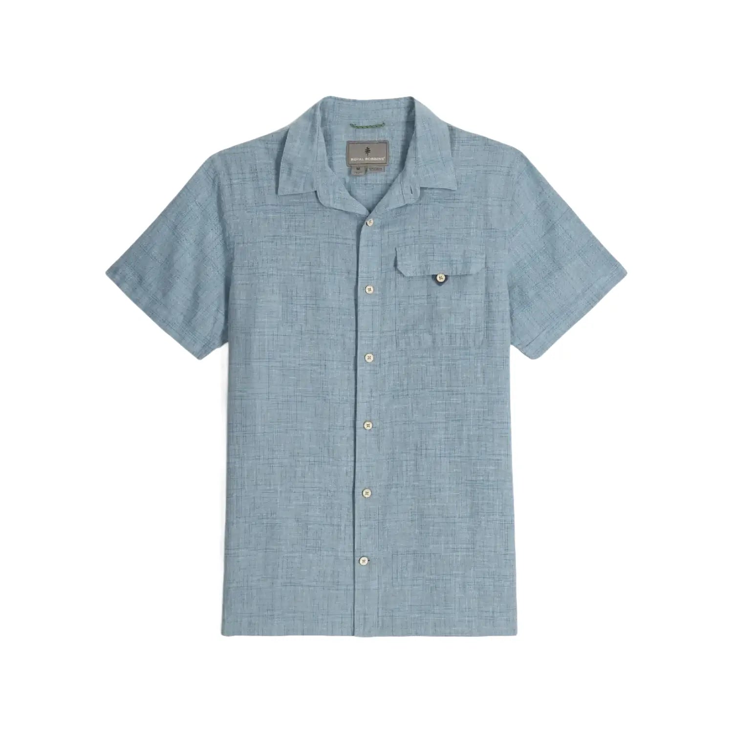 Royal Robbins Men's Hempline Spaced Short Sleeved Shirt in mountain spring blue, flat front