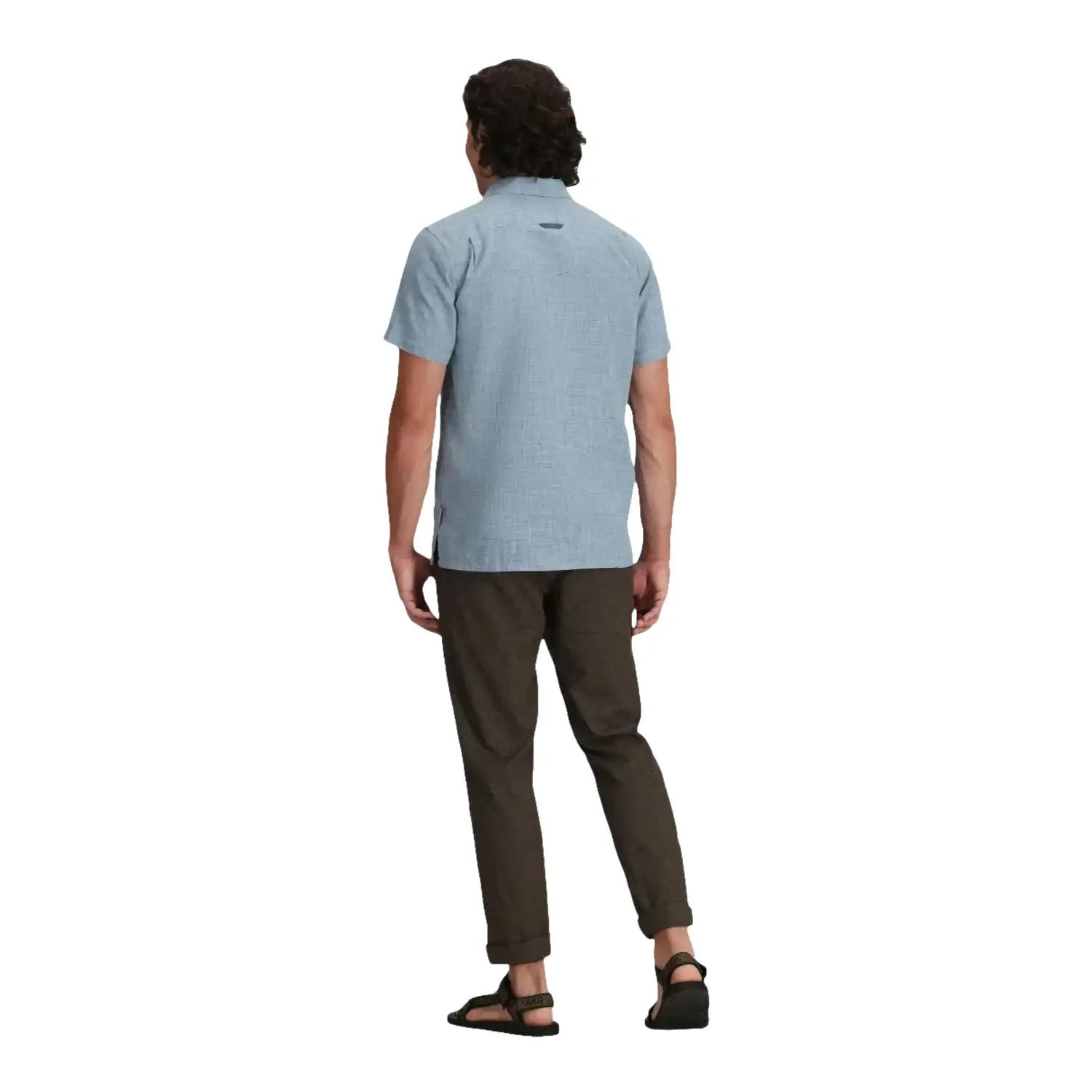 Royal Robbins Men's Hempline Spaced Short Sleeved Shirt in mountain spring blue, on model back
