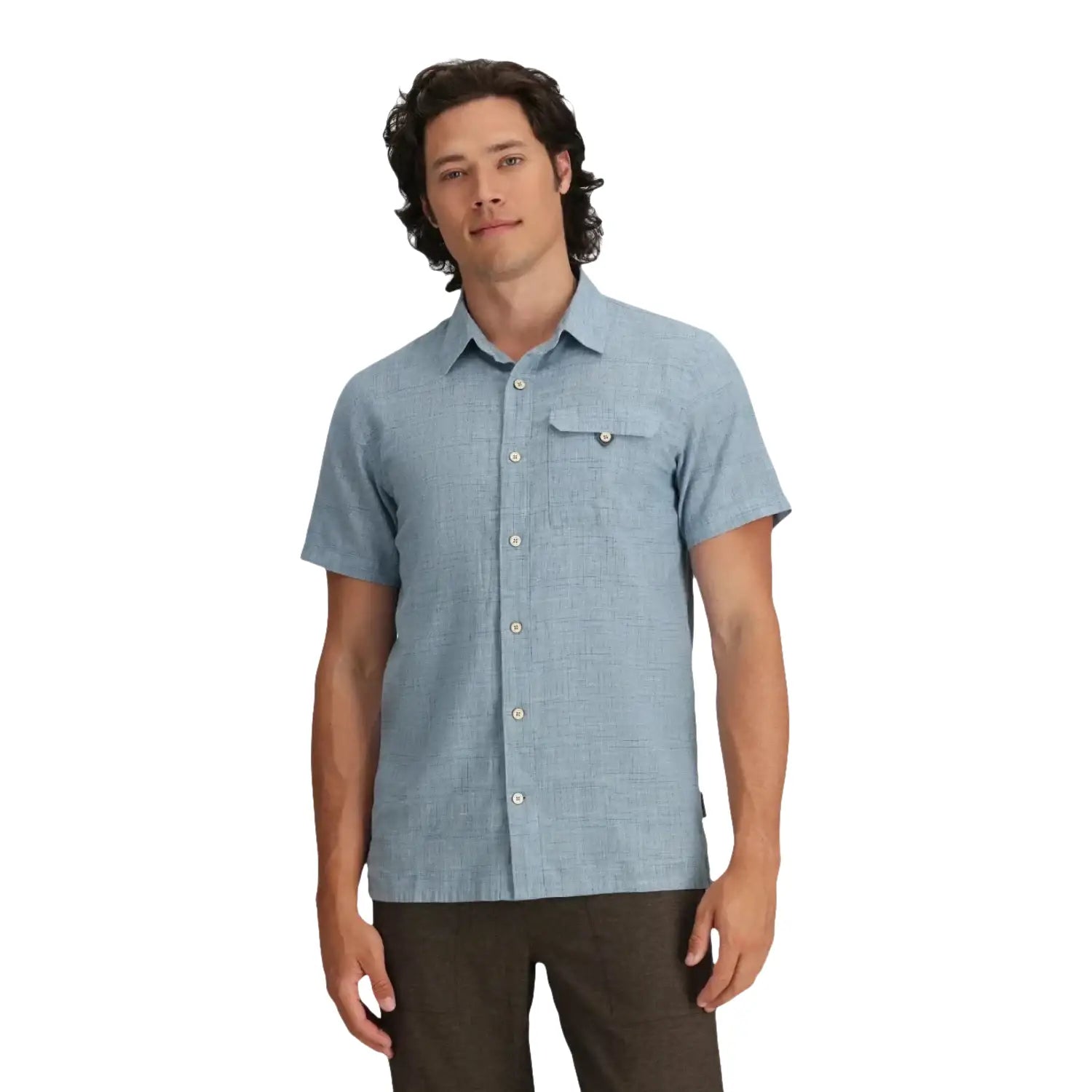 Royal Robbins Men's Hempline Spaced Short Sleeved Shirt in mountain spring blue, on model front