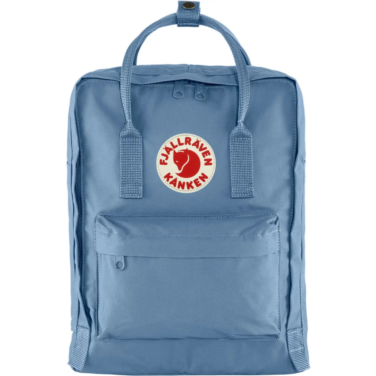 Fjallraven Kanken Backpack, blue ridge color, front view.