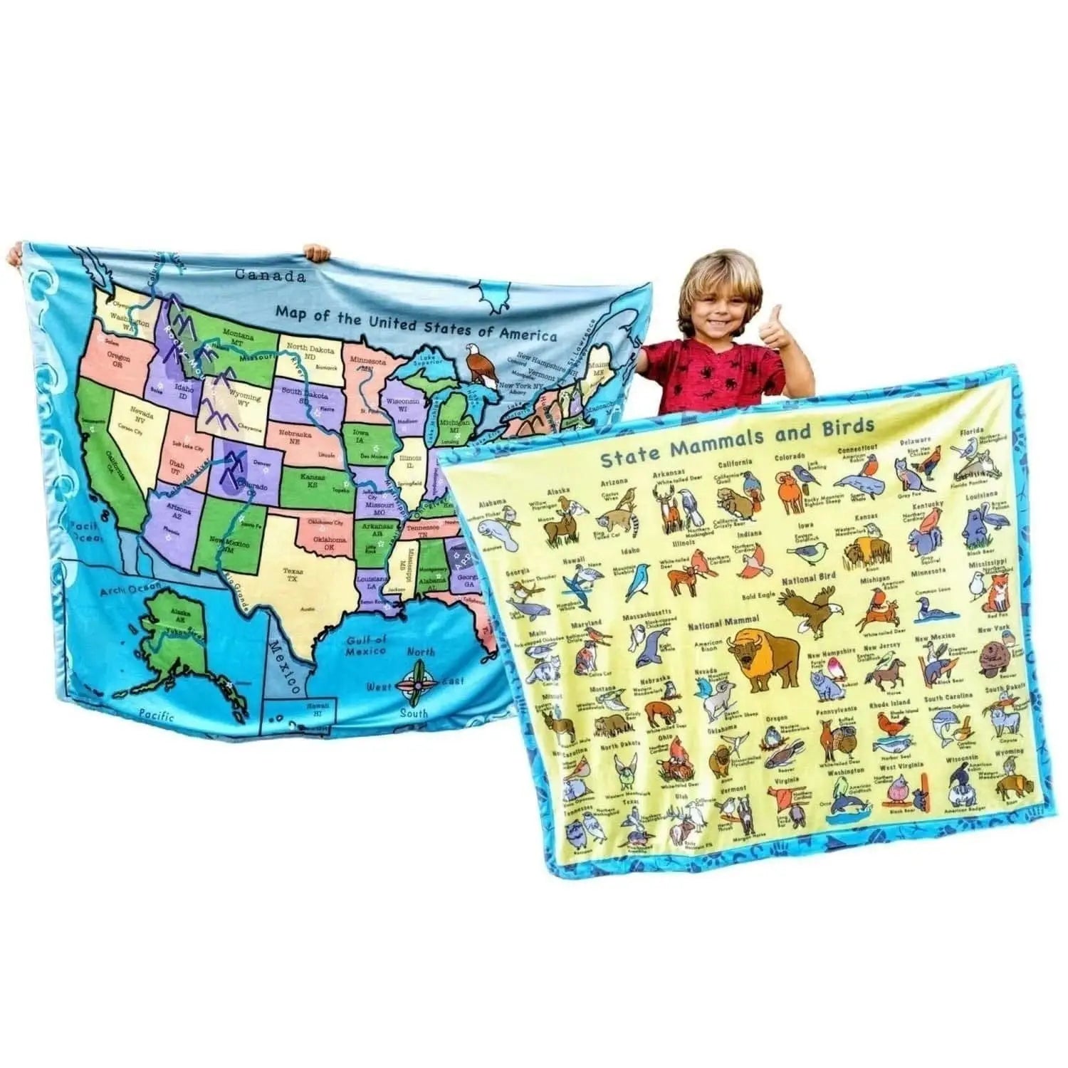 Birdy Boutique Children's Learning Blanket US Map on one side, State mammals and birds on other side